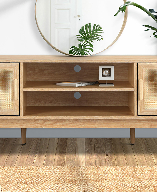 The central part of the TV unit is the focus, where a cable hole above each of the two shelves is shown.
