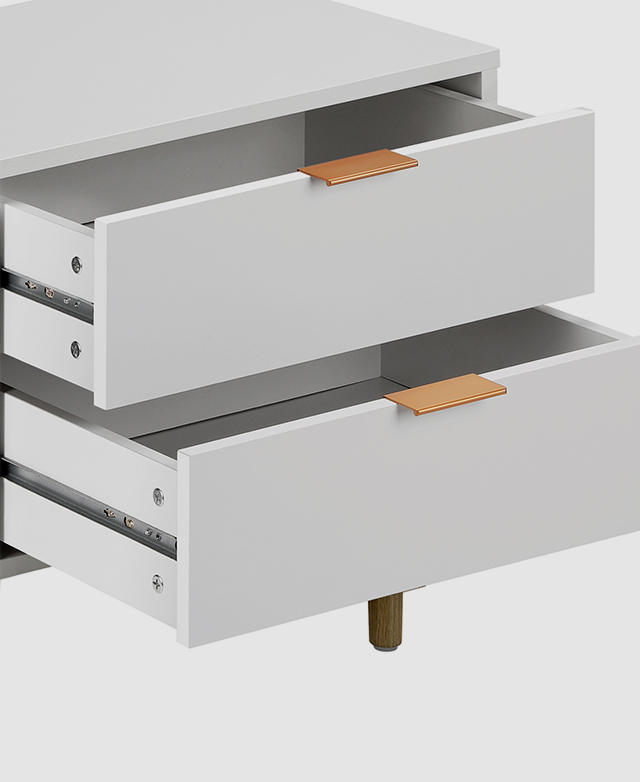 Two drawers are slightly pulled out, showing the spacious interior and the stainless steel runners. Two drawers are slightly pulled out, showing the spacious interior and the stainless steel runners.