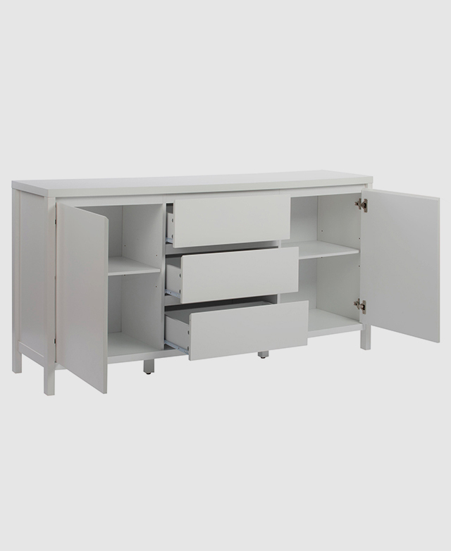 A white buffet's side cabinets and three central drawers are open, depicting the storage space within.