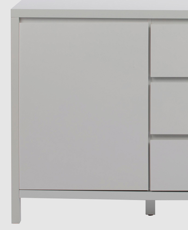 Front-on view of a sideboard buffet. It's made of particleboard and MDF in a white painted finish.