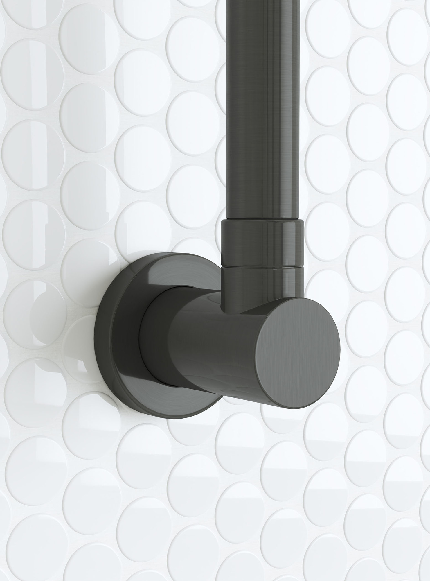 Close-up of bracket of gunmetal shower head against a white tiled wall Close-up of bracket of gunmetal shower head against a white tiled wall