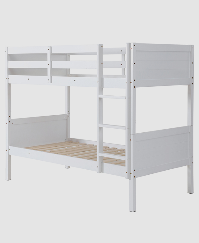 Fully assembled white bunk bed frame displayed at an angle on a white background. Fully assembled white bunk bed frame displayed at an angle on a white background.