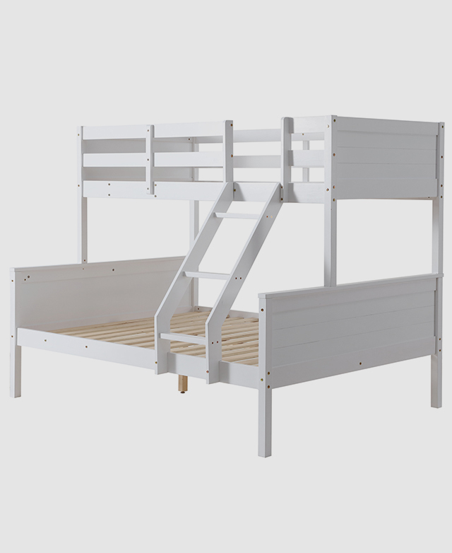 Fully assembled, undressed white bunk bed draws attention to the panelling on the frame, and the slatted base. Fully assembled, undressed white bunk bed draws attention to the panelling on the frame, and the slatted base.