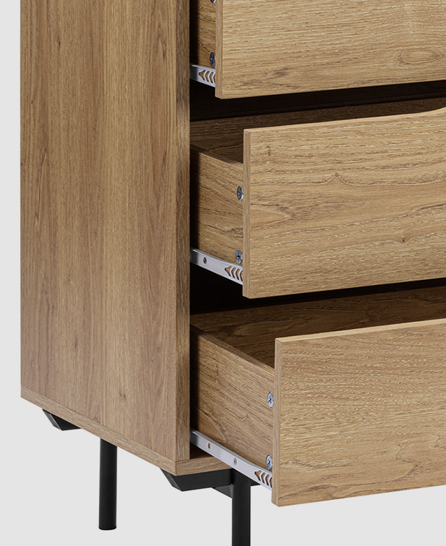 Three of the drawers are presented at an angle, partially open, to display the white metal runners.
