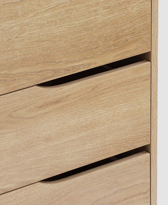 Protective melamine surfaces have a wood-look finish, and the cut-out handles are shown close-up.