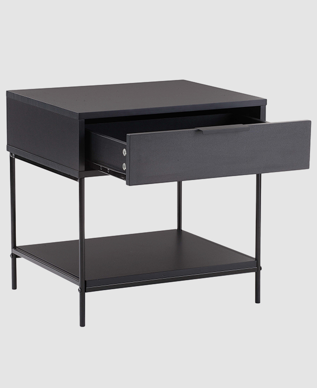 Black bedside table is on a white background, and shown with its drawer open. Black bedside table is on a white background, and shown with its drawer open.