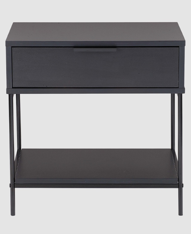 Front view of the bedside table highlights its slender metal frame, low shelf, and top drawer. Front view of the bedside table highlights its slender metal frame, low shelf, and top drawer.