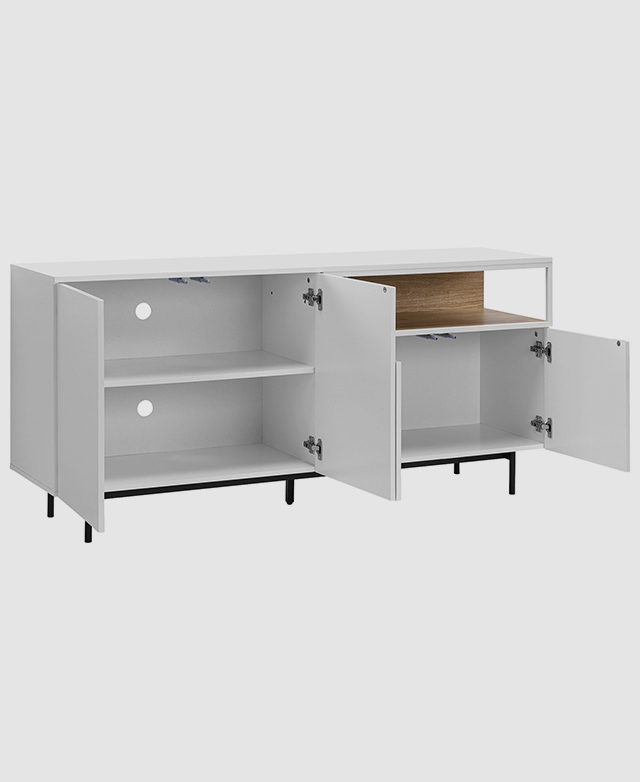 The full buffet is shown on a white background with all its cupboards open to show roomy interiors.