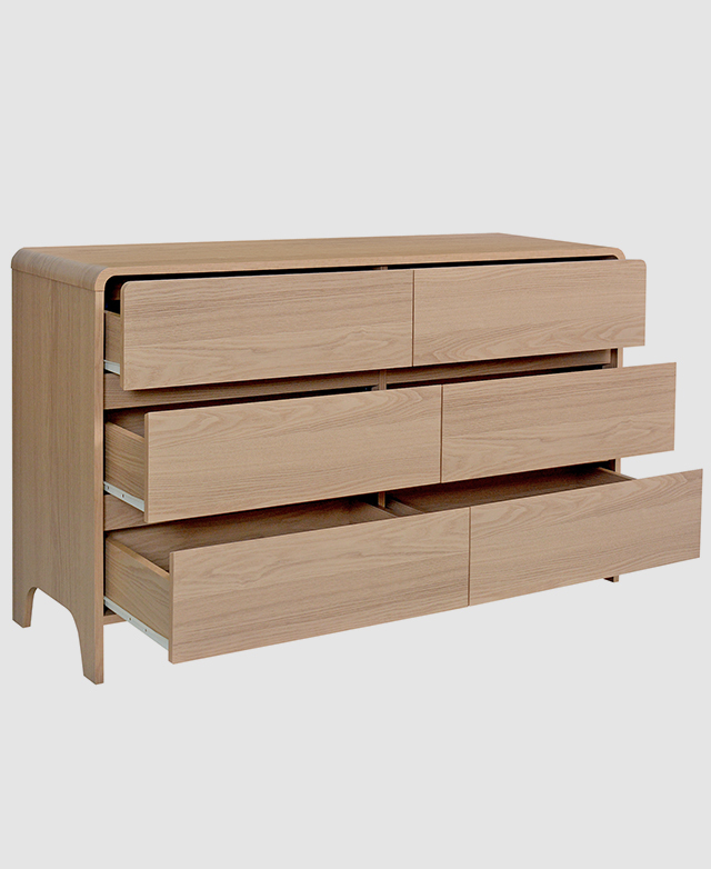 Full three-quarter view of the chest is shown with all six drawers open. Full three-quarter view of the chest is shown with all six drawers open.