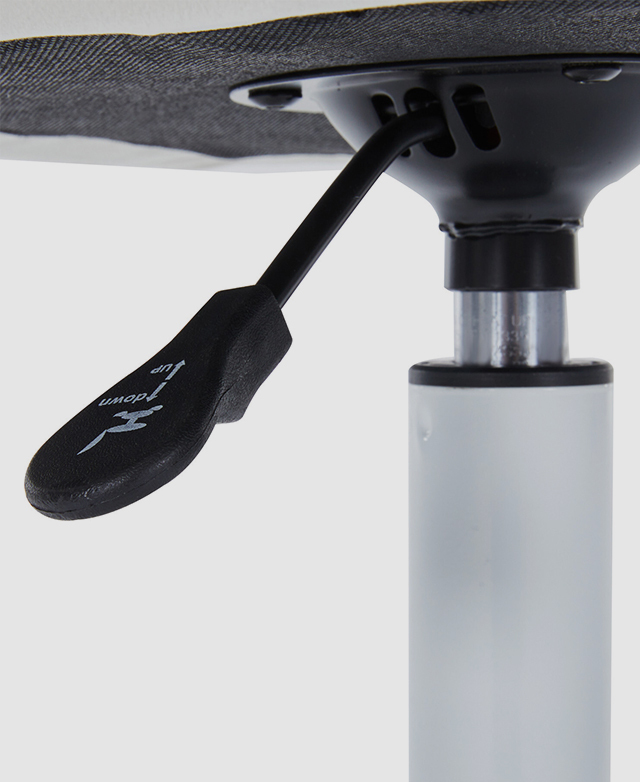 The underside of the office chair reveals the gas lift lever and its 'up' and 'down' markings.