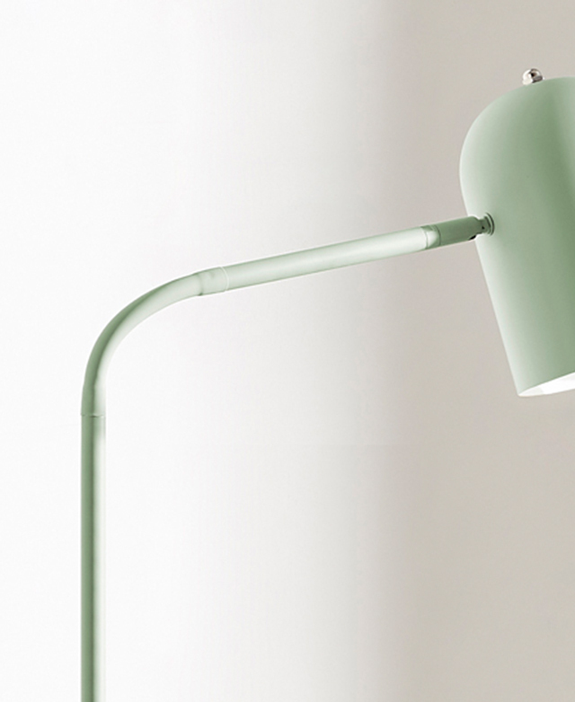 The slender gooseneck of the soft green lamp is illustrated in front of a white wall.