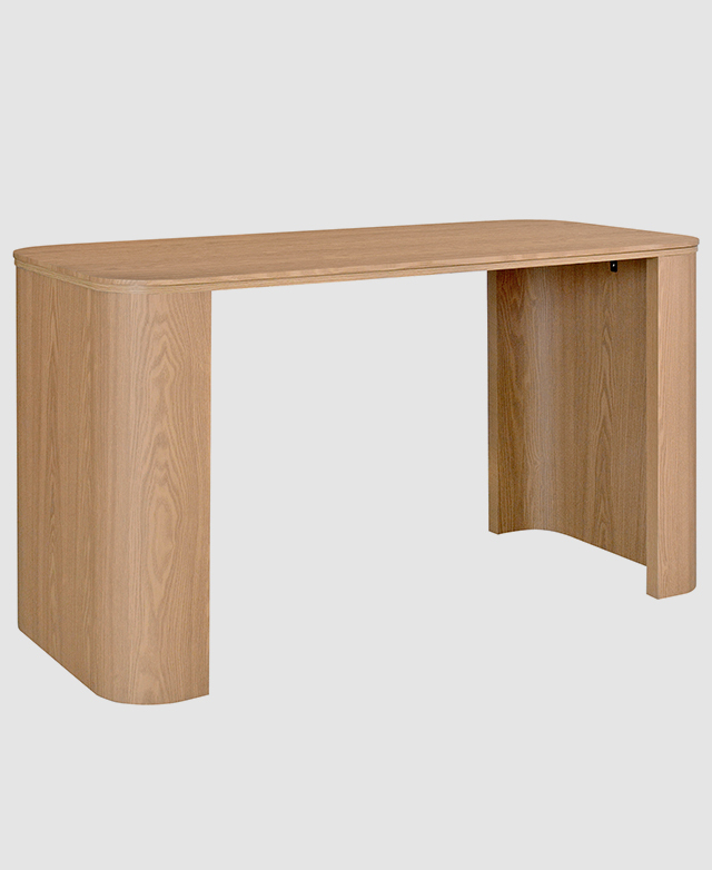 The full desk is against a white background, highlighting the curved shape of the two thick legs. The full desk is against a white background, highlighting the curved shape of the two thick legs.