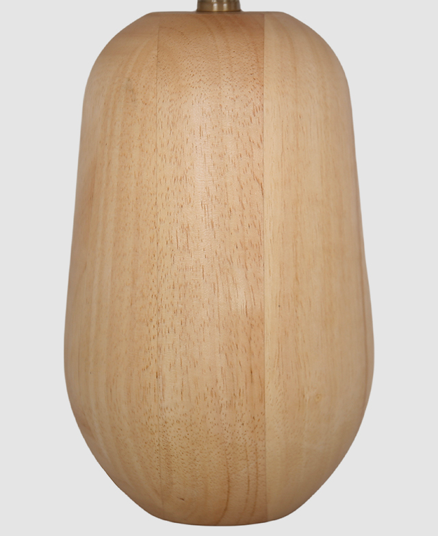 A pear-shaped lamp base is made of rubberwood, and the cropped image highlights the natural grains.