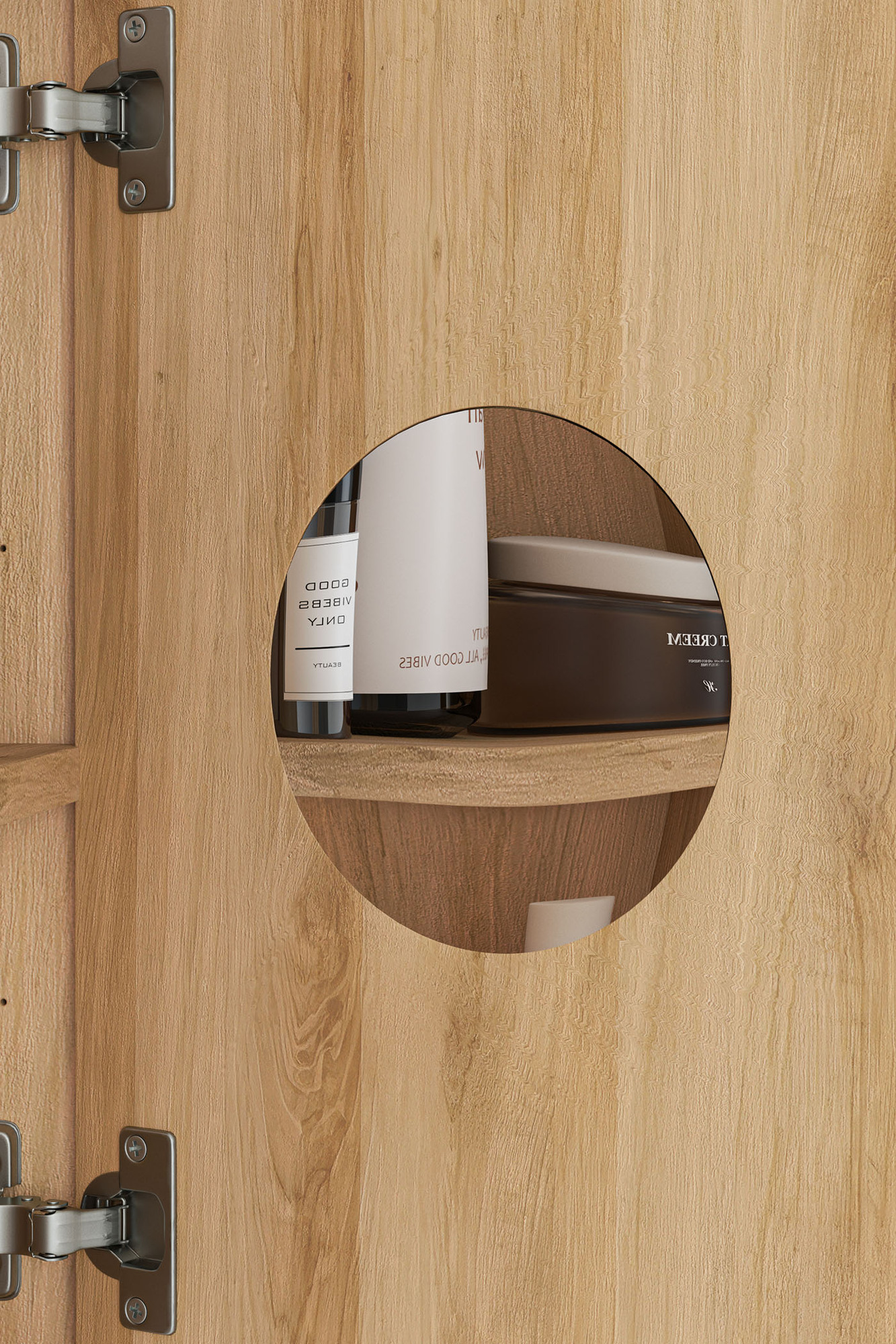 The inside of the shaving cabinet door shows a mounted, small, round 3-times magnification mirror. The inside of the shaving cabinet door shows a mounted, small, round 3-times magnification mirror.