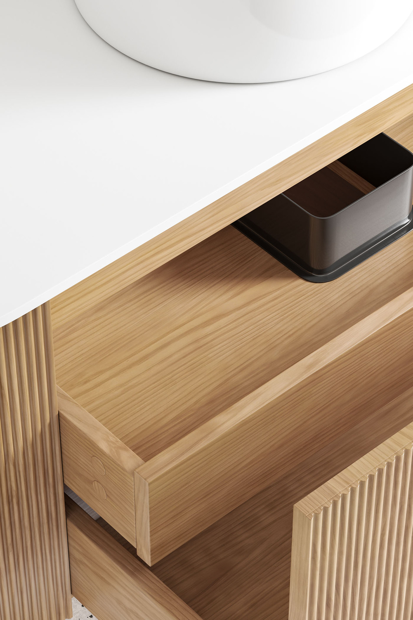 The high three-quarter angle displays the open drawers, with the fluting depicted as a contrasting texture.