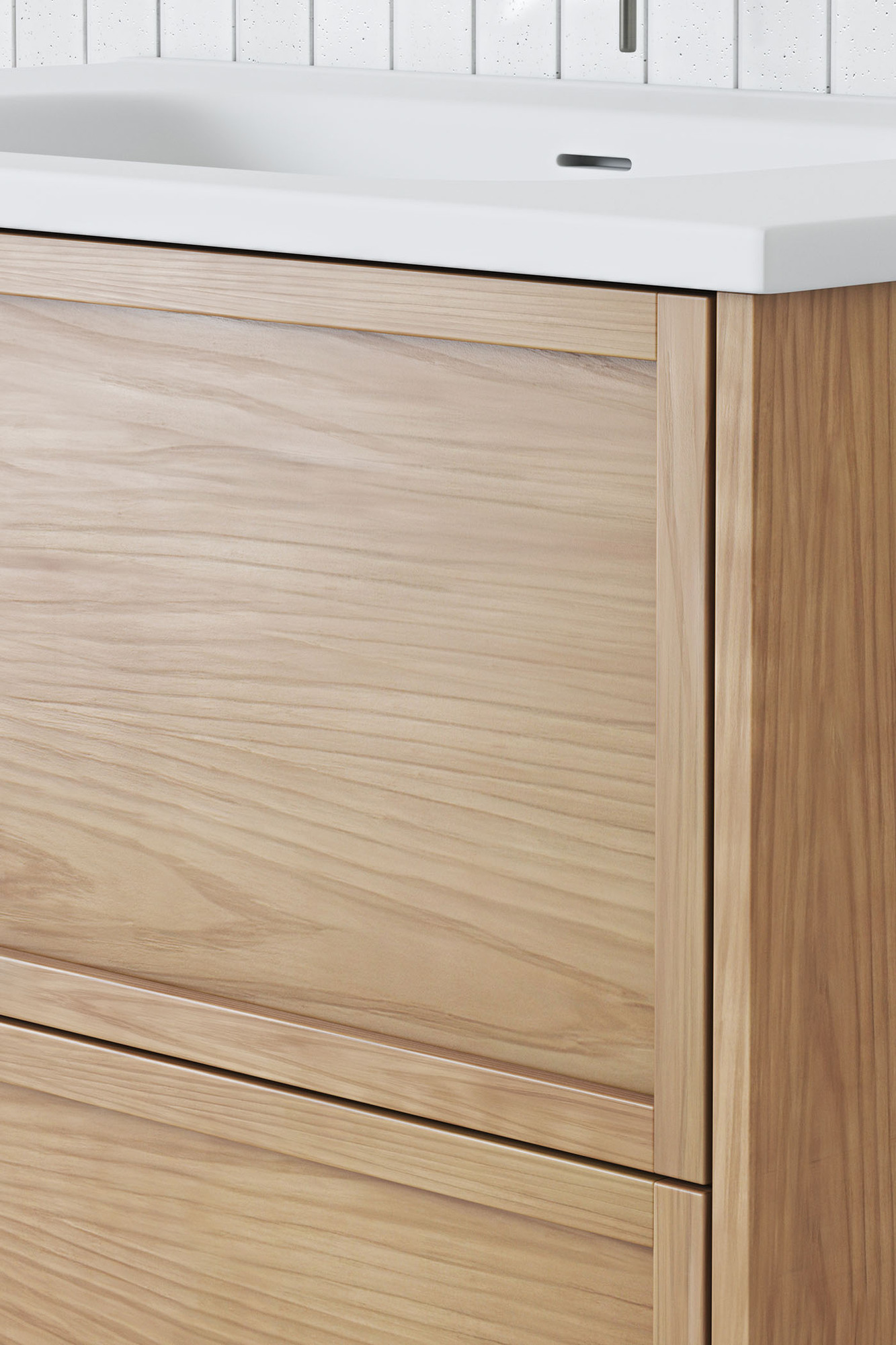 Cropped image highlights the rich warmth of the eucalyptus timber and the neat shaker-style drawer fronts. Cropped image highlights the rich warmth of the eucalyptus timber and the neat shaker-style drawer fronts.