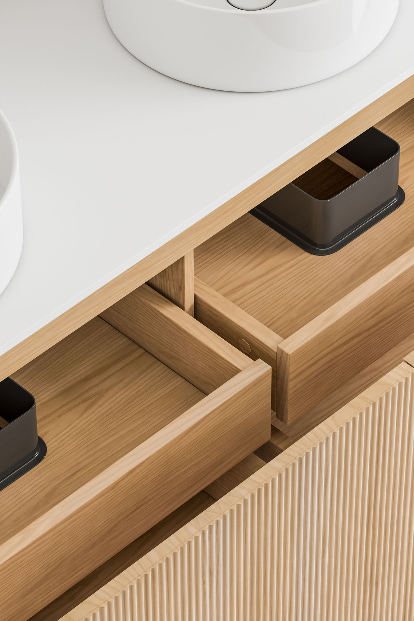 The high three-quarter angle displays the open drawers, with the fluting depicted as a contrasting timber texture. The high three-quarter angle displays the open drawers, with the fluting depicted as a contrasting timber texture.