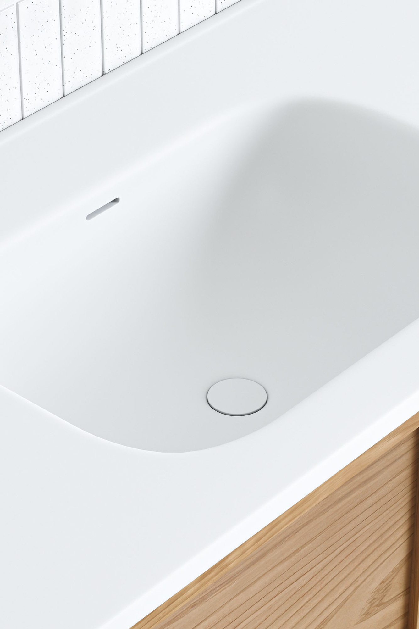 The top-down angle highlights the smooth integration of the soft rectangular sink within the vanity top, all in crisp white. The top-down angle highlights the smooth integration of the soft rectangular sink within the vanity top, all in crisp white.