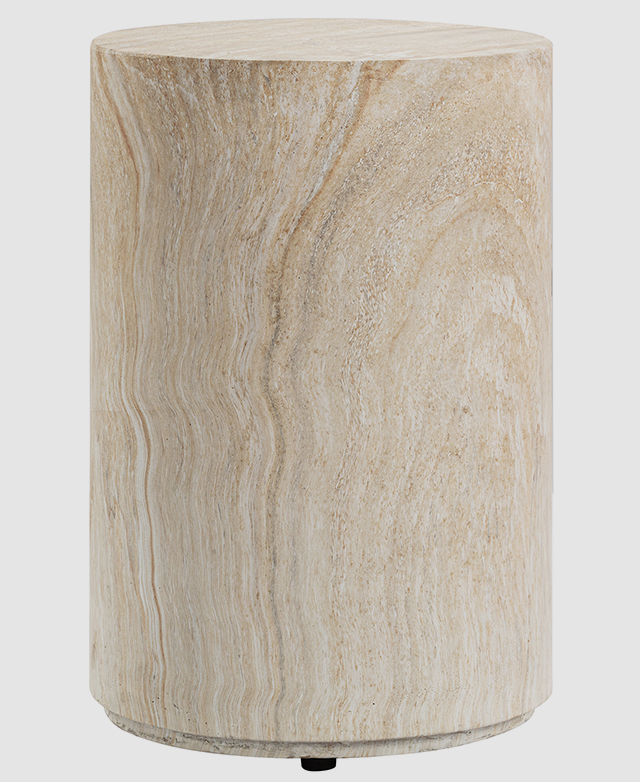The peach polystone round side table is displayed in full. The peach polystone round side table is displayed in full.