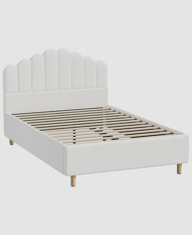 The bed frame is fully erected and is displayed without a mattress or bedding. The bed frame is fully erected and is displayed without a mattress or bedding.