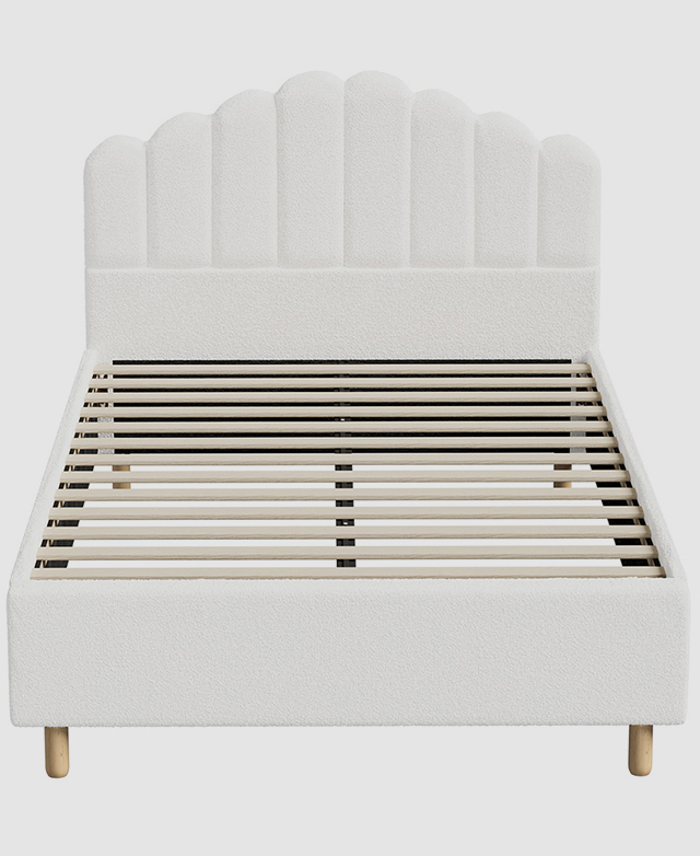 Shown from the front, the bed frame is fully erected and is displayed without a mattress or bedding. Shown from the front, the bed frame is fully erected and is displayed without a mattress or bedding.