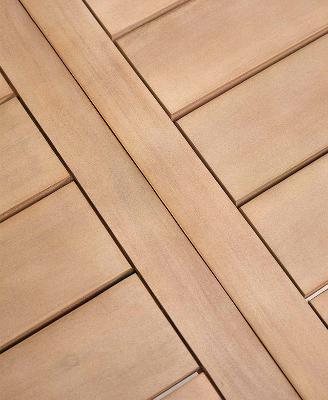 A top-down view of the dining table illustrates the neat, slatted design of the timber top.