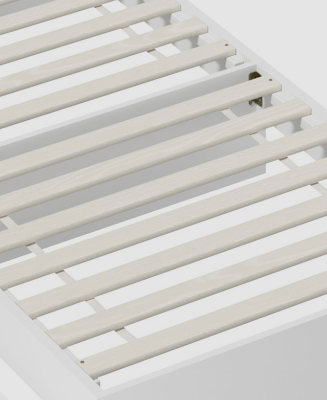 An angled bird's eye view displays the evenly-spaced plywood slatting and white metal support structures.