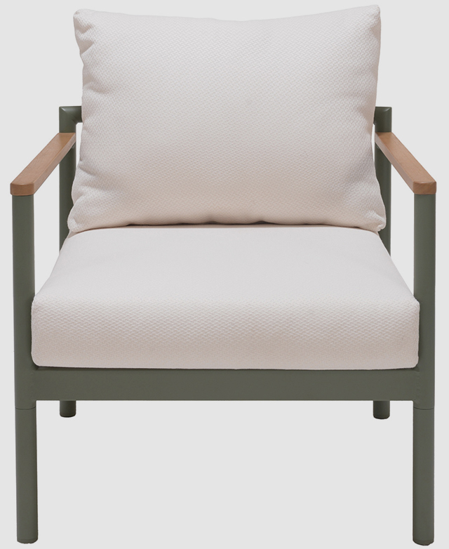 A front-facing angle of the sage outdoor armchair points to the generous seat width and thick, cream cushions.