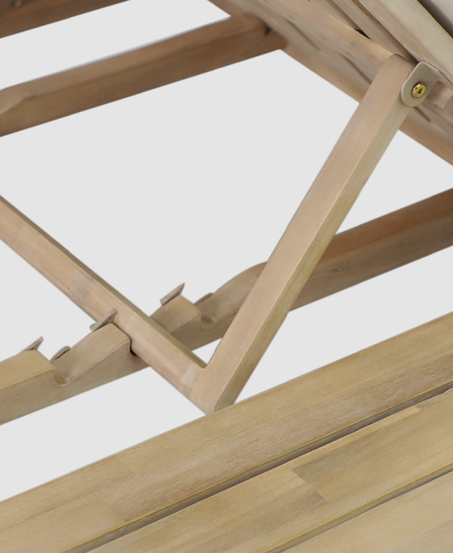 The back view demonstrates the acacia wood backrest being propped up at the middle position.