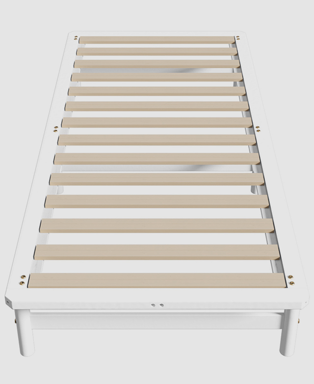A top-down view shows an assembled single bed with a white pine wood frame and evenly-spaced plywood slats. A top-down view shows an assembled single bed with a white pine wood frame and evenly-spaced plywood slats.