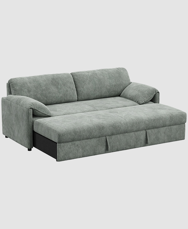 The green sofa bed is shown with the inner surface pulled out in bed formation. The green sofa bed is shown with the inner surface pulled out in bed formation.