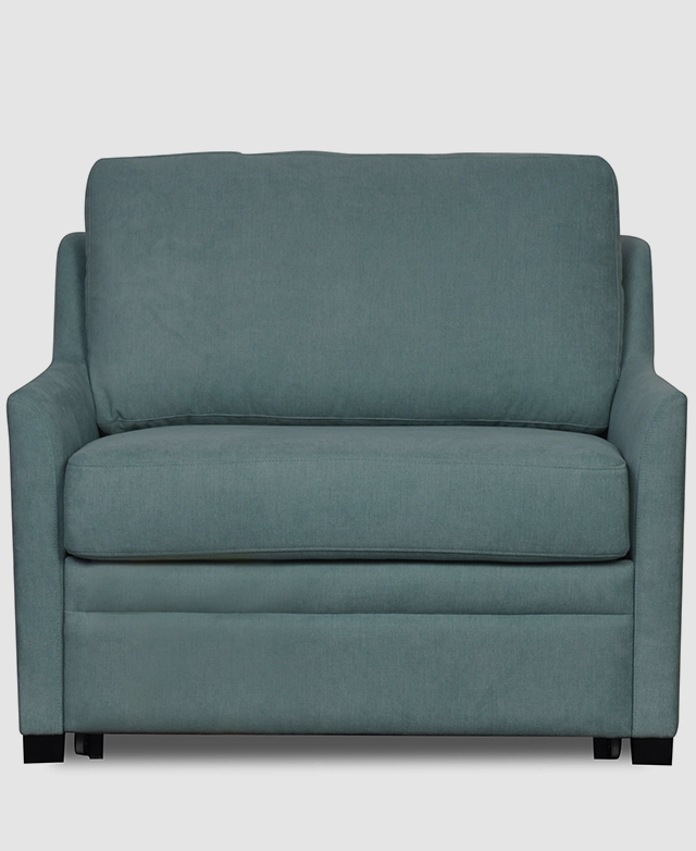 Front view of the teal armchair sofa bed demonstrates its generous width and plump cushions.