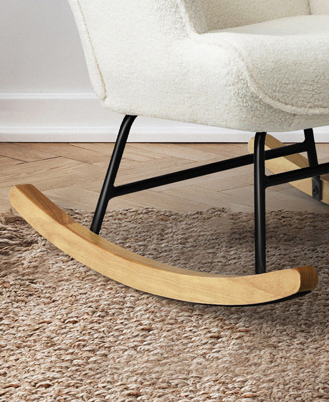 The long, smooth timber foot rockers are on a woven jute rug. The long, smooth timber foot rockers are on a woven jute rug.