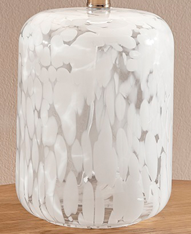 The white and clear smooth glass lamp base has Murano-style abstract patterning.