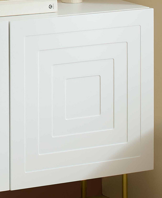 One of the white cupboard doors with concentric squares moulded into the surface. One of the white cupboard doors with concentric squares moulded into the surface.