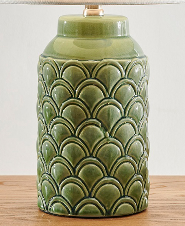 The green fishscale pattern has a glossy finish. The green fishscale pattern has a glossy finish.
