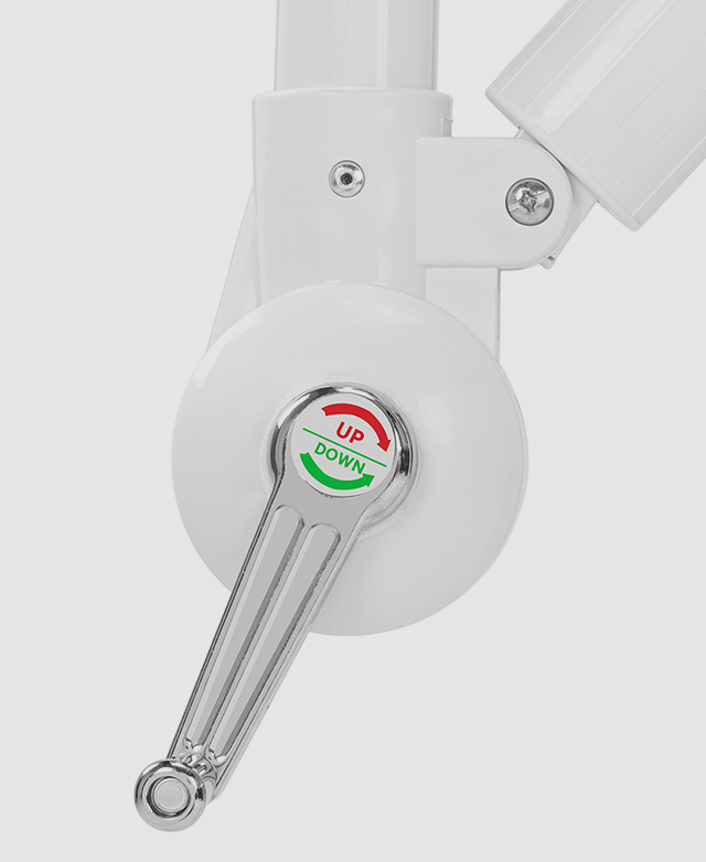 The silver and white umbrella crank is shown close up, highlighting the bold and colour coded 'up' and 'down' directions.
