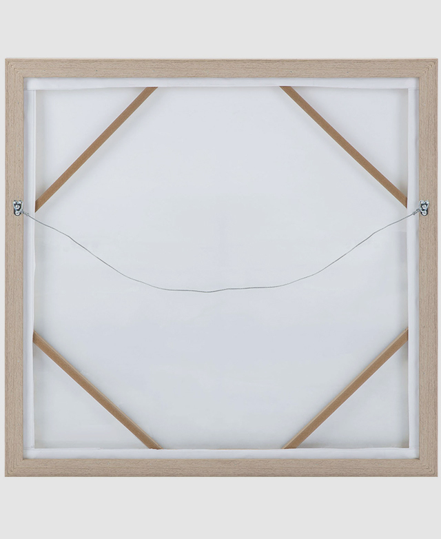 The back of the canvas has hanging hooks and an attached string; the stretcher bars are on display. The back of the canvas has hanging hooks and an attached string; the stretcher bars are on display.