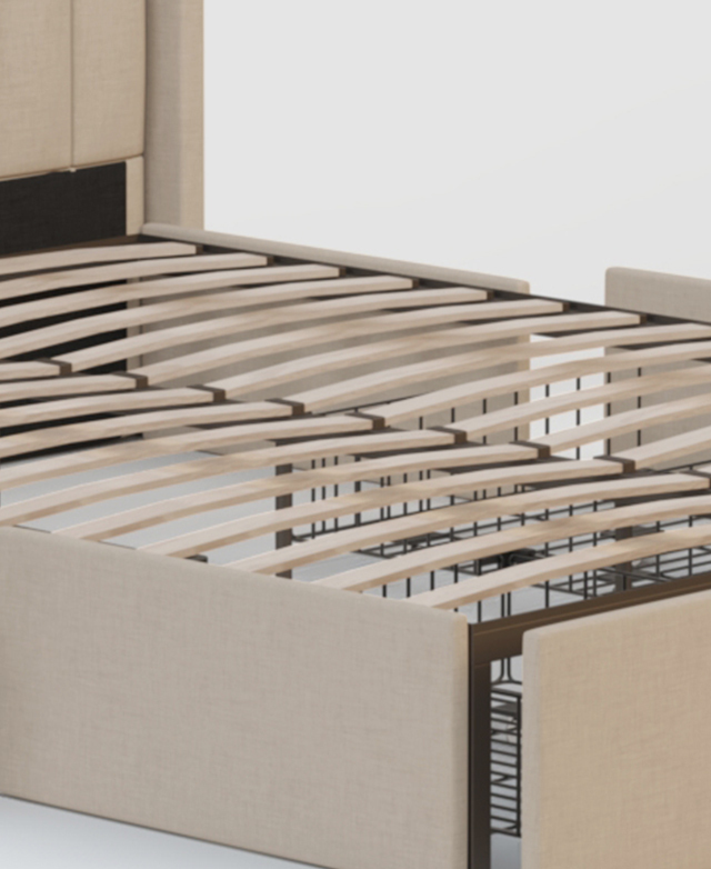 The fully assembled cream bed is without a mattress, thus displaying the flexible slatting and metal frame elements.
