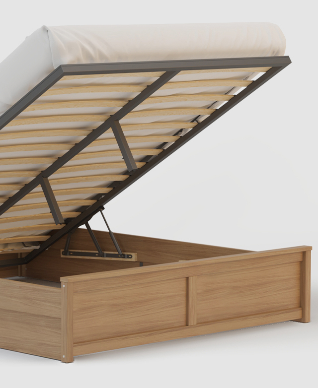 The timber bed is shown with a mattress on top, elevated on its slats to reveal the storage space beneath. The timber bed is shown with a mattress on top, elevated on its slats to reveal the storage space beneath.