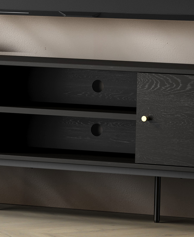 A cropped view shows the centre of the TV unit with its open shelves and cable holes in the back surface.
