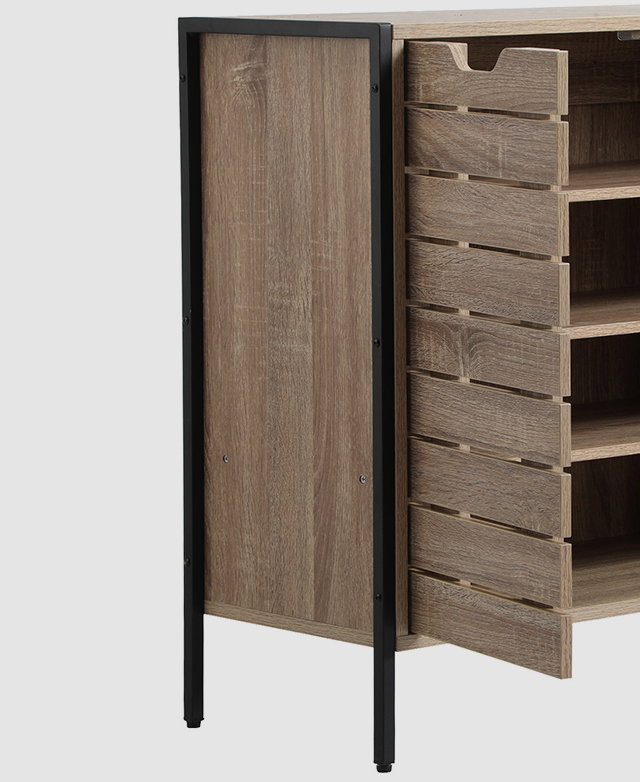 The storage cabinet is shown with one slatted door open from a side view; the strong, black, metal frame is a U-shape.
