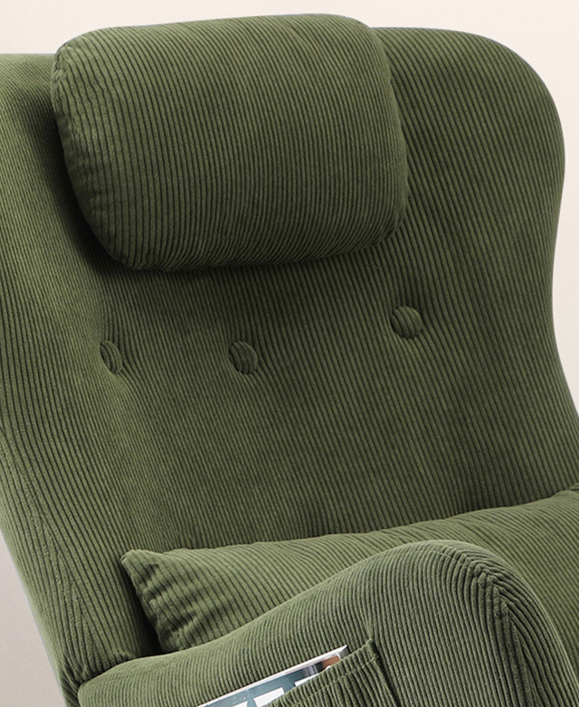 The backrest and cushions are in the frame, all upholstered in rich green corduroy fabric.