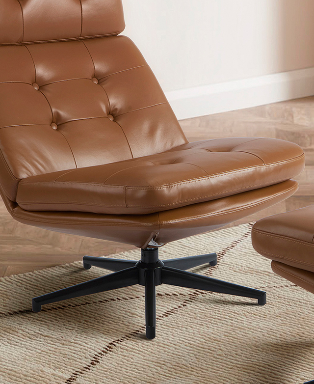 The accent chair's black stainless steel base is positioned on a cream rug.