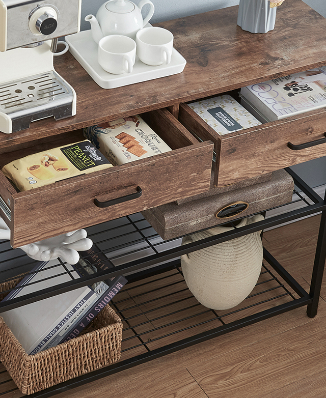 A top-down view shows the console table as a coffee station, with both drawers open and filled, and the lower shelves used. A top-down view shows the console table as a coffee station, with both drawers open and filled, and the lower shelves used.