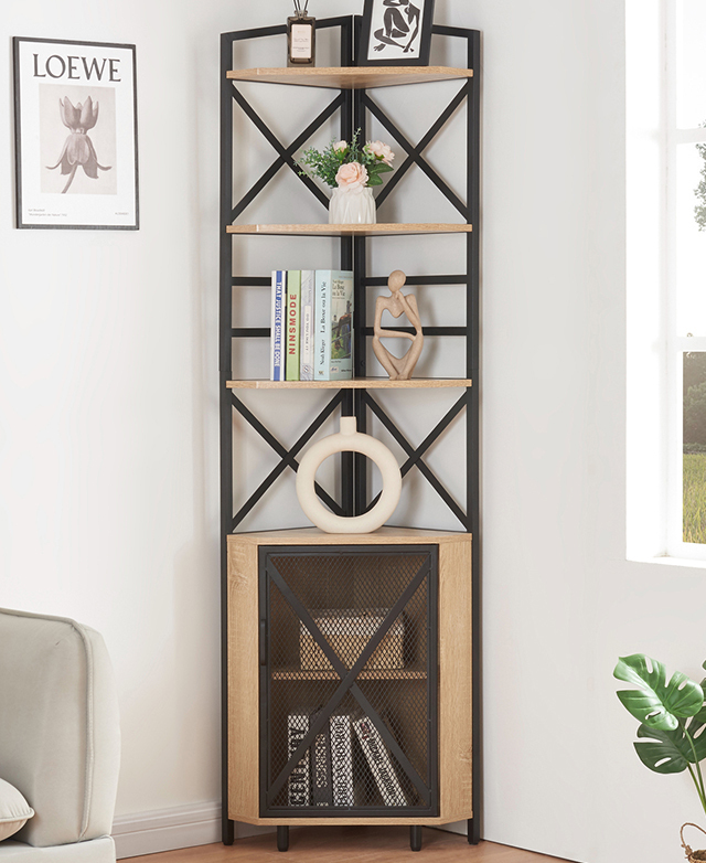 The corner shelf is displayed in a white, bright living room, with decorative items on the shelves. The corner shelf is displayed in a white, bright living room, with decorative items on the shelves.