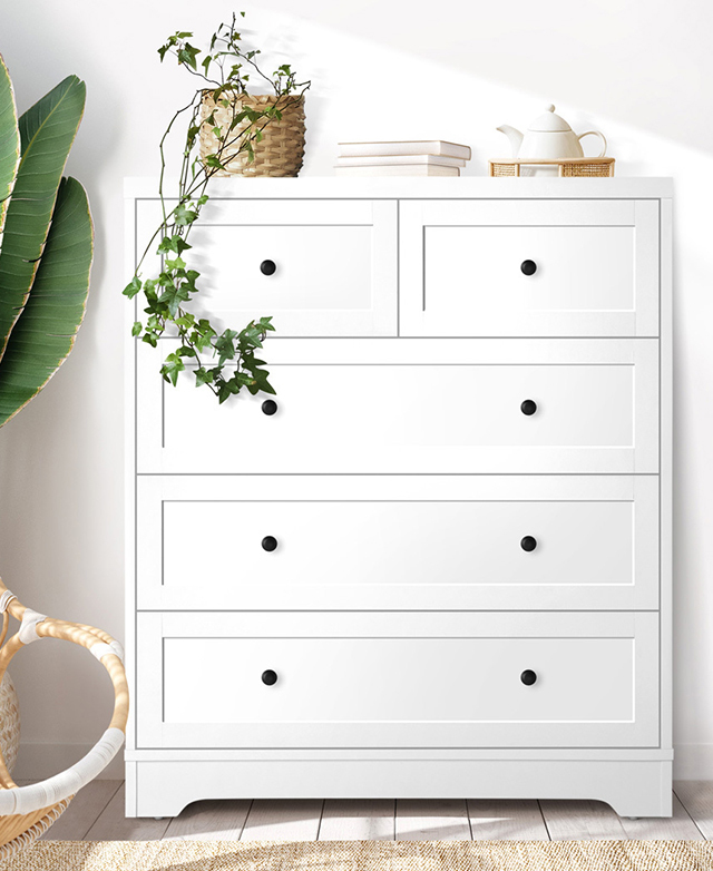 Front-facing chest of drawers is styled with a draping plant and decorative items on top.