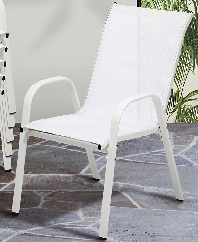 A white iteration of the full chair is shown on irregular grey-toned outdoor tiles. A white iteration of the full chair is shown on irregular grey-toned outdoor tiles.