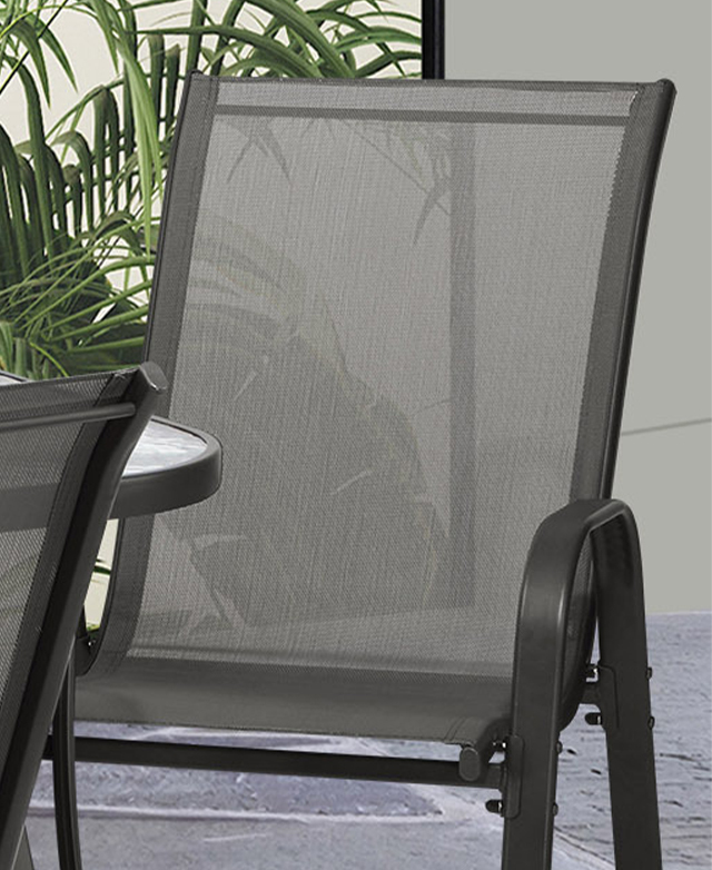 A chair is shown from the front to highlight the translucent Textilene material that forms the back and seat. A chair is shown from the front to highlight the translucent Textilene material that forms the back and seat.
