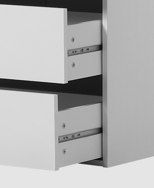 Two of the drawers are open to reveal strong stainless steel runners. Two of the drawers are open to reveal strong stainless steel runners.